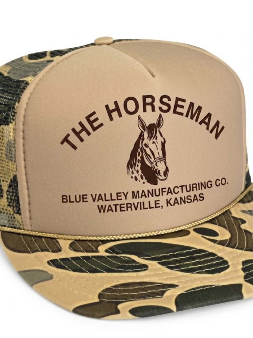 Retro The Horseman Kansas Mfg Duck Camo Foam Trucker Hat Tan Rope Cap Americana - Picture 4 of 4